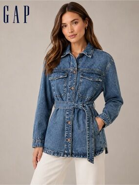 NWT GAP Belted Denim Jacket Shirt Dress Medium Wash Size Large